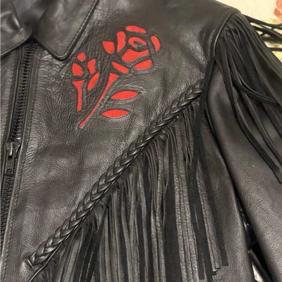 Women’s Black Fringe Leather Biker Motorcycle Jacket Rose Pattern Size Large - Picture 5 of 14
